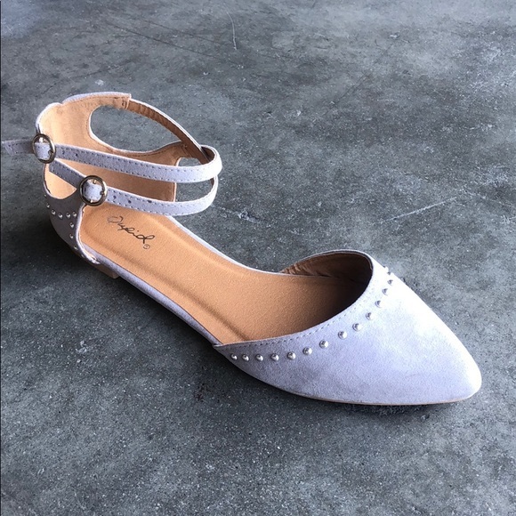 Qupid Shoes - Qupid Swirl-83 D'orsay Studded Ankle Strap Flats